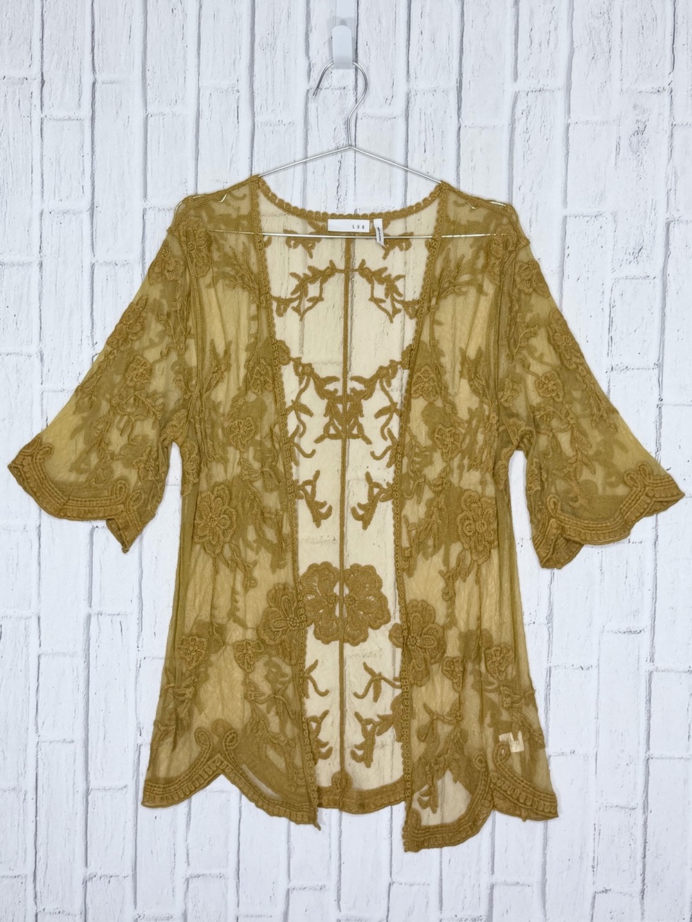 🌼 LUQ Mustard Embroidered Mesh Kimono Small Boho Floral Lace